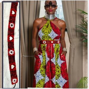 VTG, Kuba Coral Beaded Belt Cowrie Shells Congo African Jewelry Original Art,51”